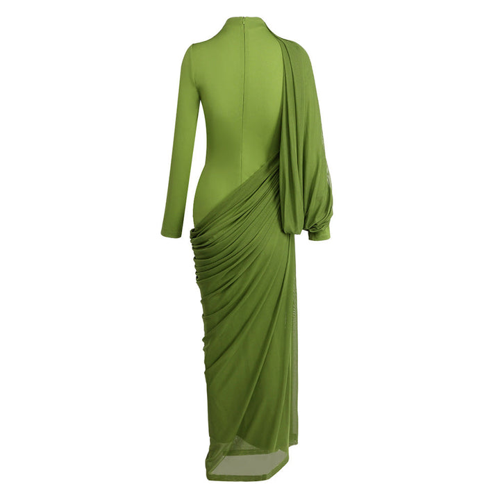 Olive Green Draped Asymmetric Midi Dress - VERDÉA