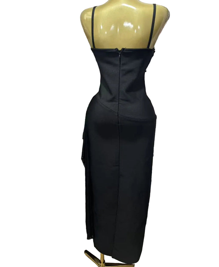 spaghetti strap fitted midi dress with floral crystal embellishments – RUBY