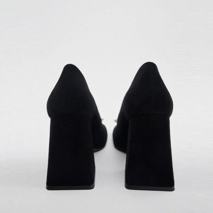 square-toe block heel pumps with gold sculpted ornament – HUSSEIN