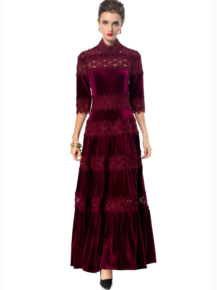 velvet maxi dress with lace panels and high neck – ODD- RUBINA