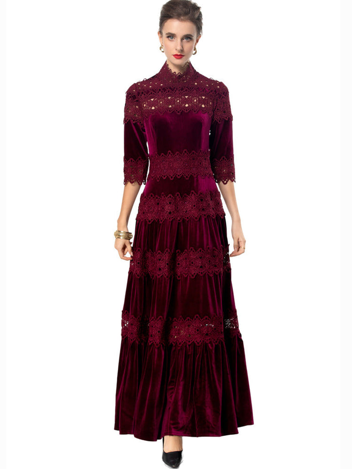 velvet maxi dress with lace panels and high neck – ODD- RUBINA