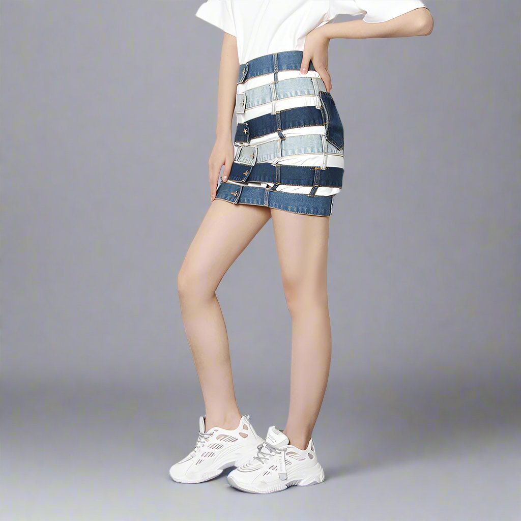 patchwork denim waist belt skirt - ODD- Talikha