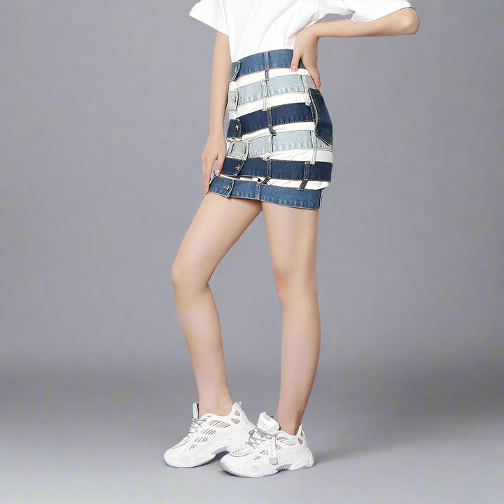 patchwork denim waist belt skirt - ODD- Talikha