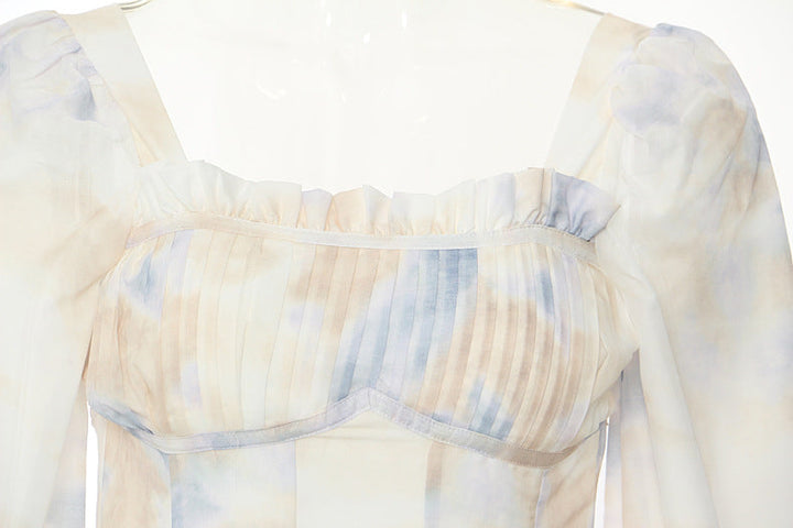 Corset-style midi dress with ruffled neckline and puff sleeves – LUMERA