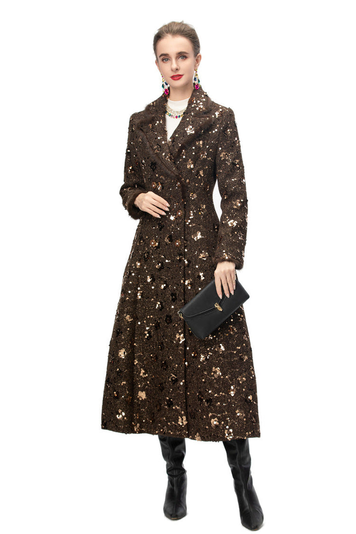 double breasted tweed long coat with metallic detailing – BRONZIA