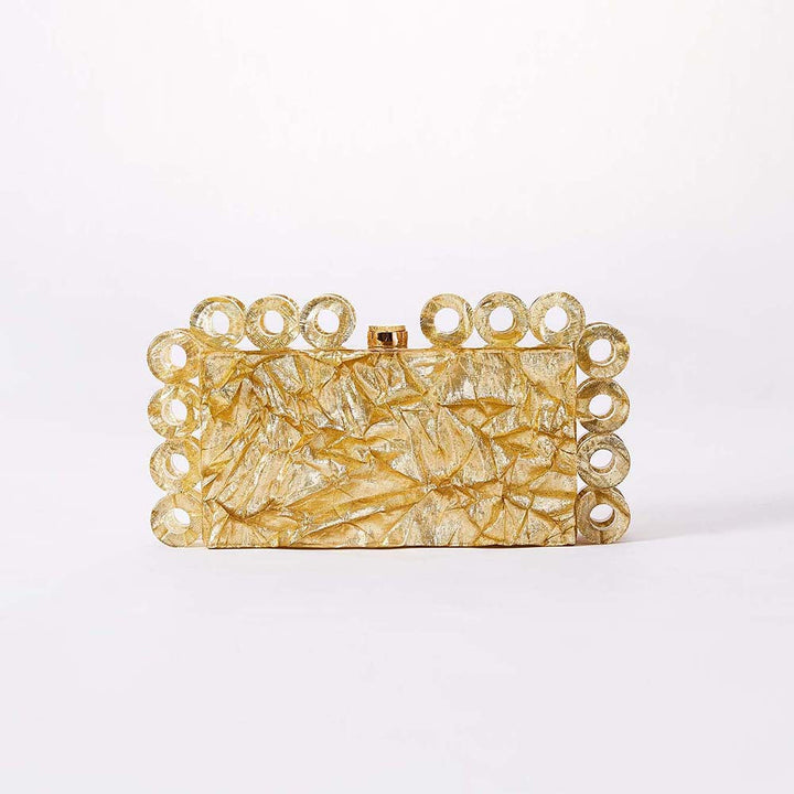 textured gold clutch with circular edge detailing – AURELIA