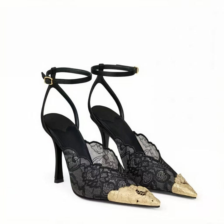 Lace Pointed Toe Ankle Strap Heels – Noir