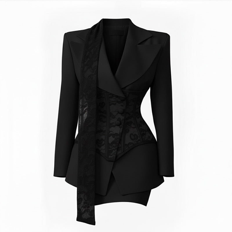 Chocolate Brown Lace Corset Blazer-ELAMO
