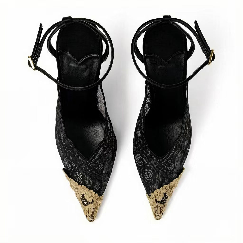 Lace Pointed Toe Ankle Strap Heels – Noir