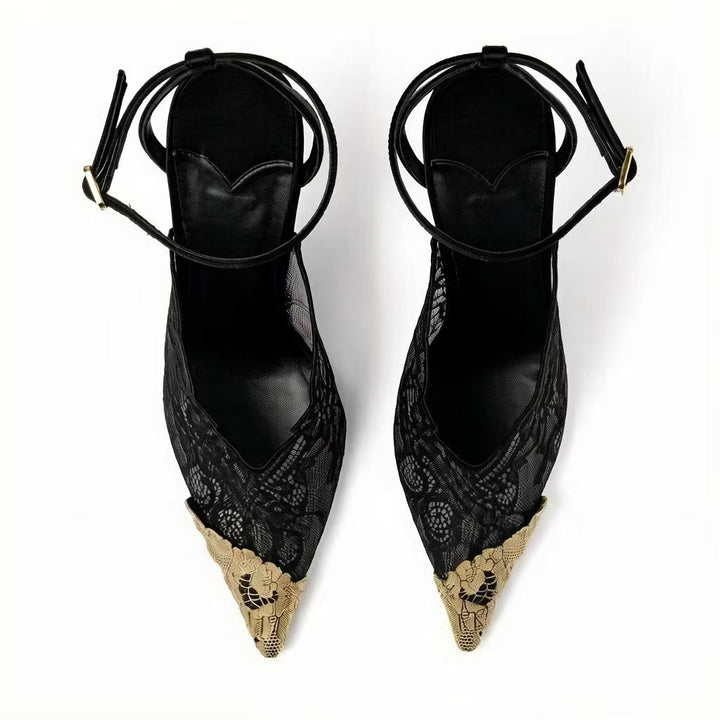 Lace Pointed Toe Ankle Strap Heels – Noir