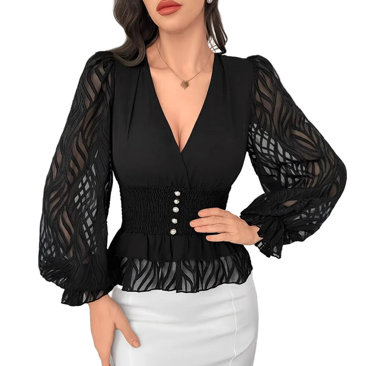 V-neck blouse with sheer textured sleeves – NOIRIA