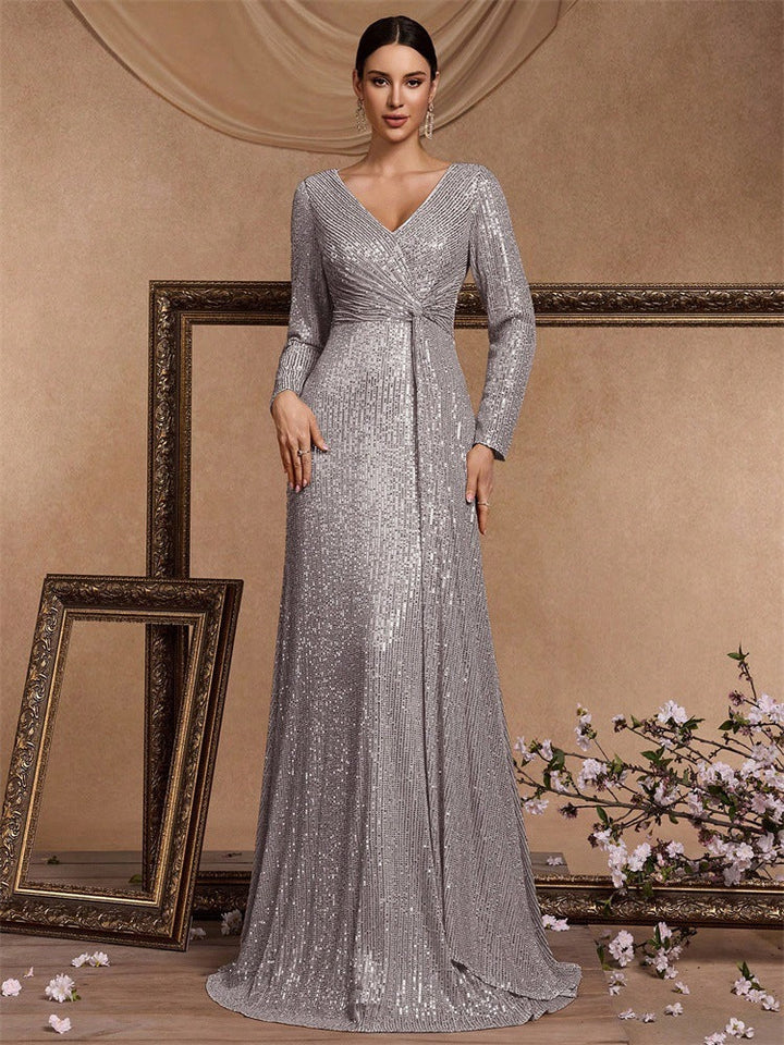 long-sleeve sequin wrap gown with draped detail – ODD- SERENA