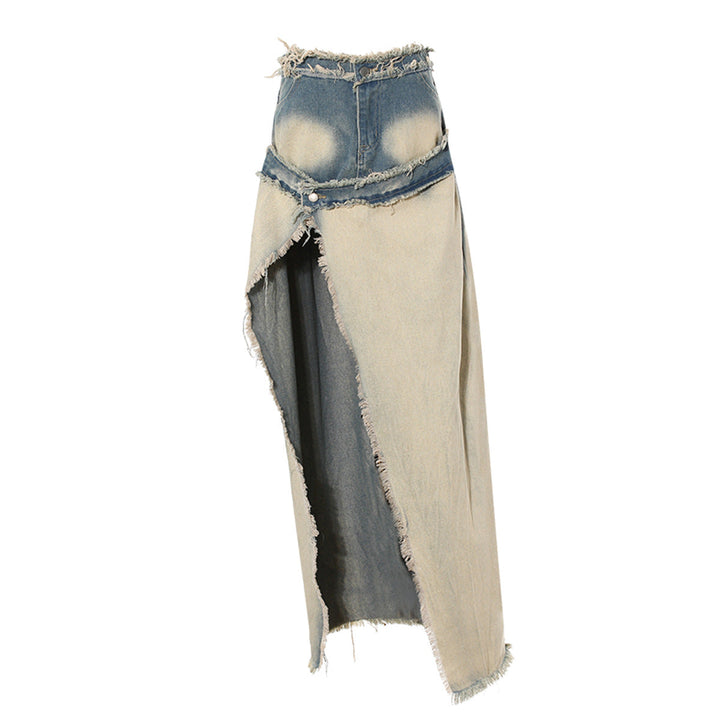 distressed denim maxi skirt with raw slit - Balthah