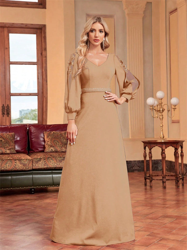 chiffon-sleeve evening gown with beaded waist – ODD- MIDNIGHT POISE