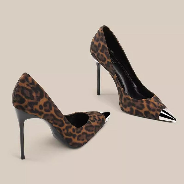 leopard print stiletto heels with metal cap toe - LUIYL