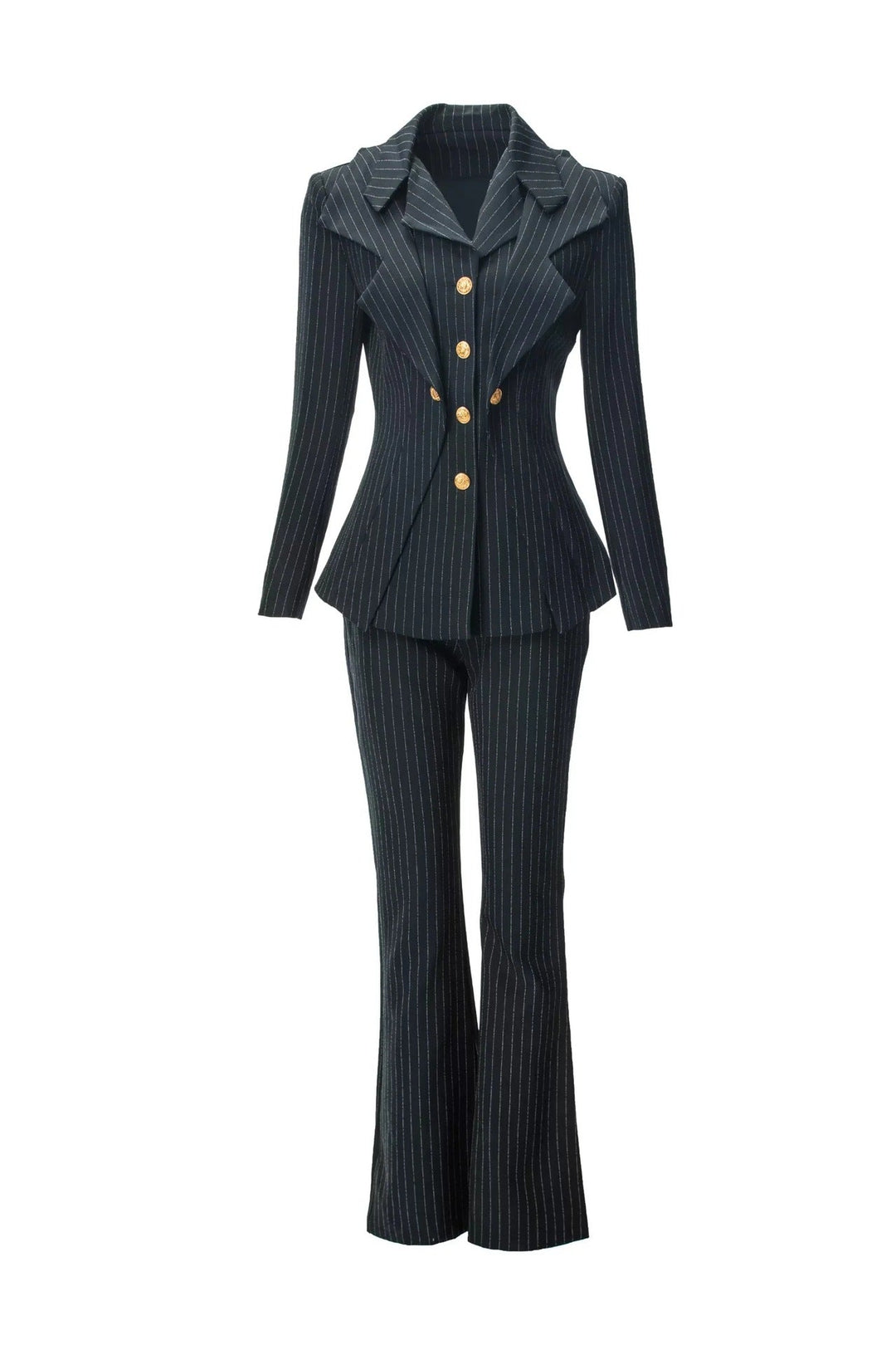 pinstripe tailored blazer and flared pants set with gold buttons – REGINA