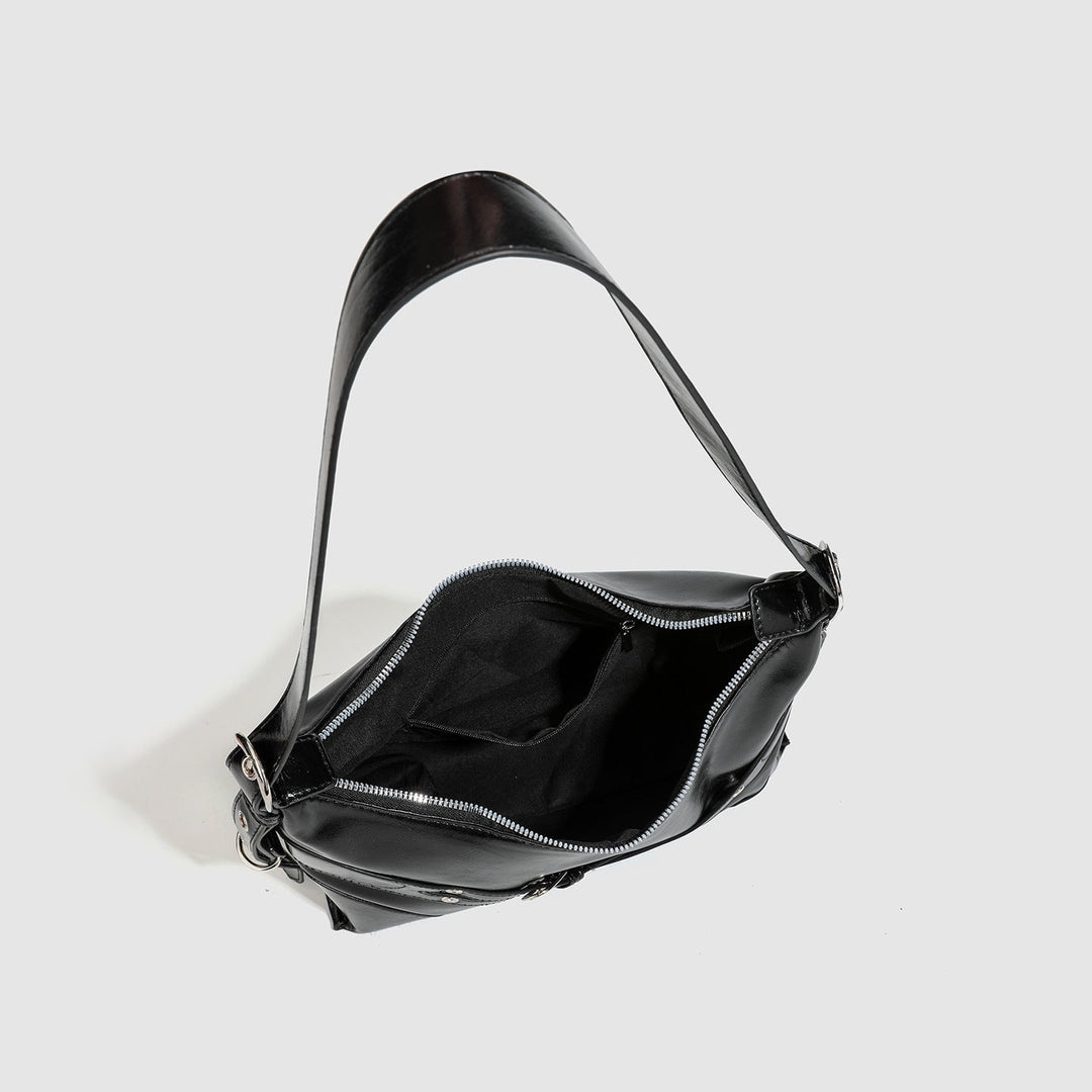 Black Buckle Strap Shoulder Bag - Street