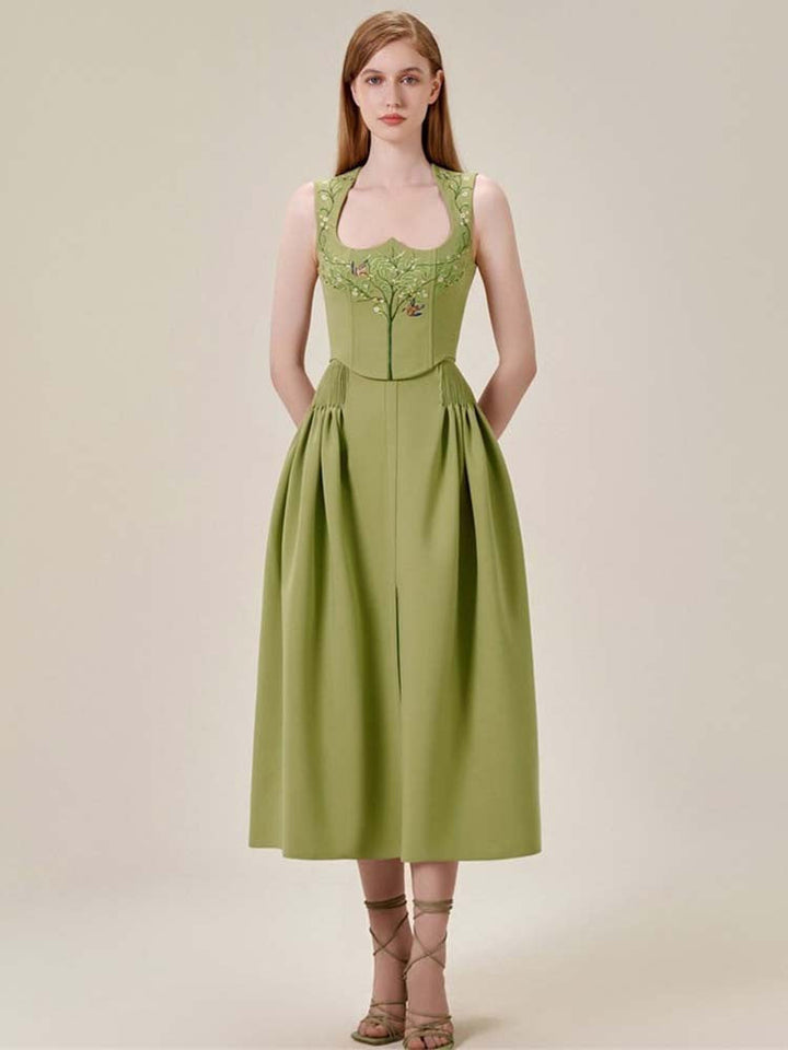 sleeveless pleated midi dress with embroidered bodice - Adellah