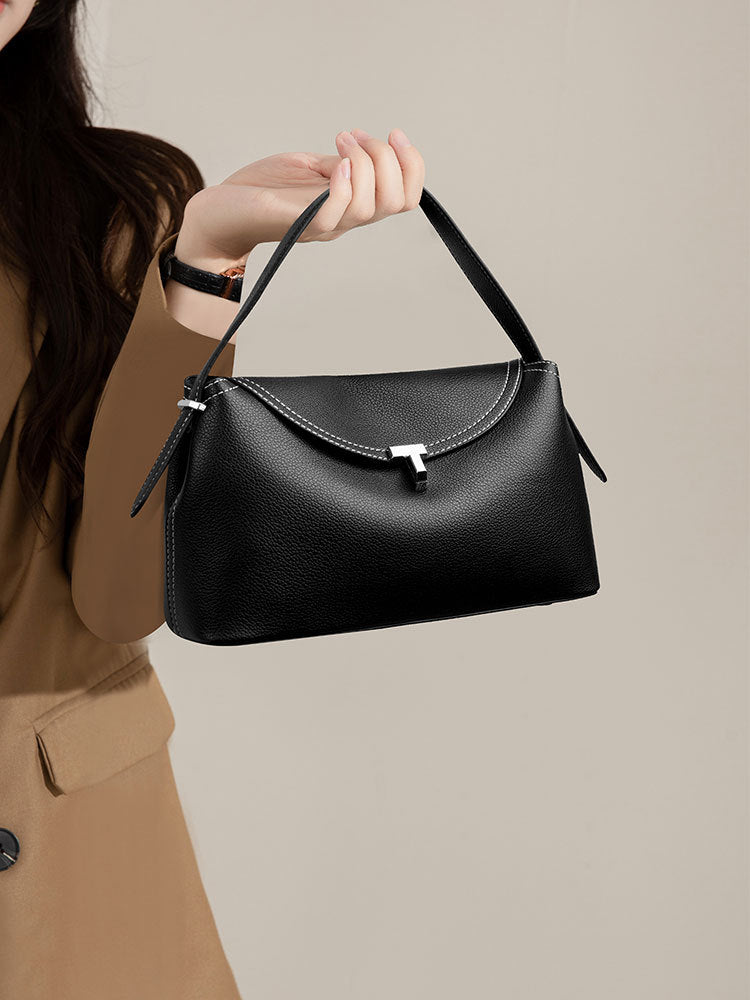 curved flap handbag with contrast stitching – TESSA