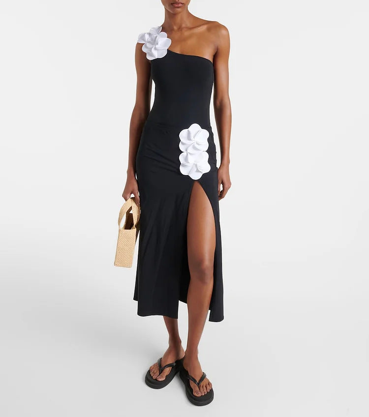 one-shoulder floral appliqué one-piece with midi skirt – BLOOM