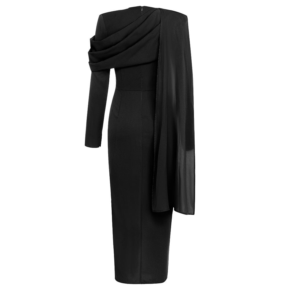 Asymmetric button-front midi dress with long sleeves – SEREN