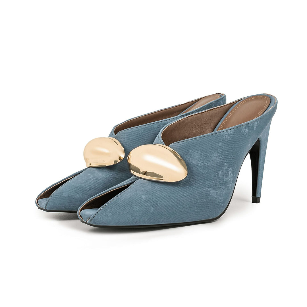 pointed toe mule heels with gold oval detail – AZURA