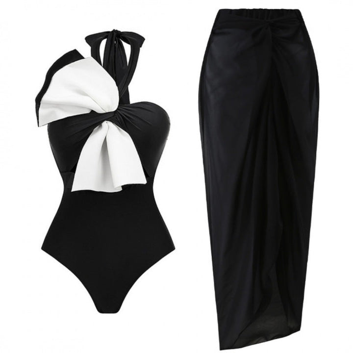 halter bow-detail swimsuit with draped wrap skirt – MUSE