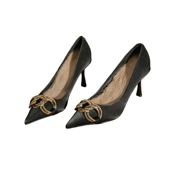 Elegant Black Pointed-Toe High Heels with Gold Chain Detail- CELESTE