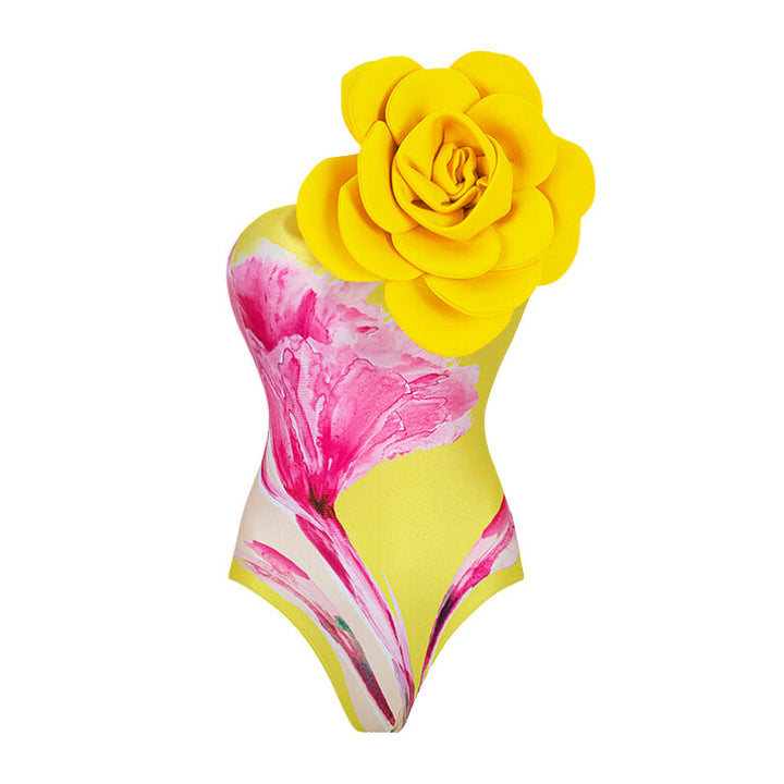 one-shoulder 3D flower swimsuit with ruched wrap skirt set – FARHA
