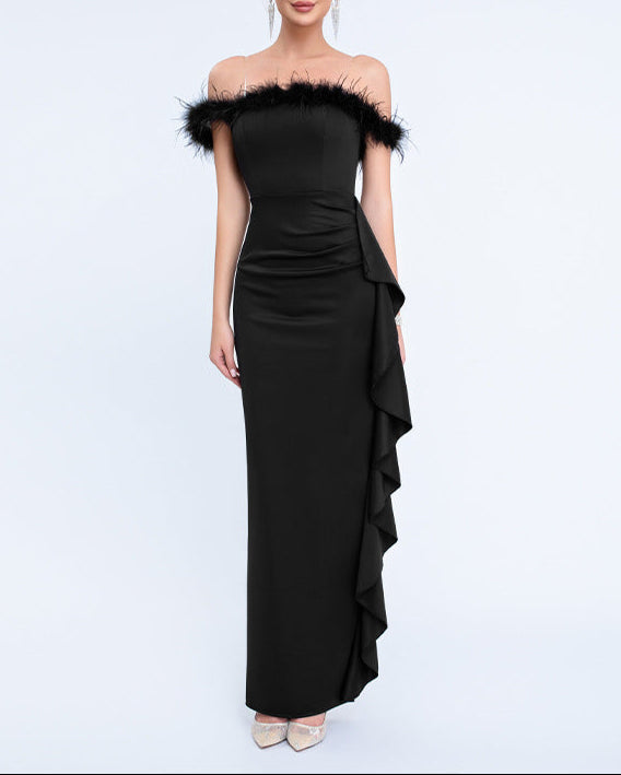 off-shoulder gown with feather trim and cascading ruffle – NOIRILU