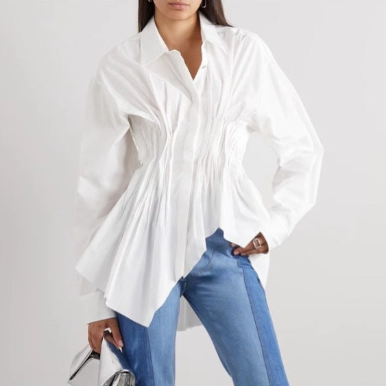 long-sleeve button-down shirt with ruched waist and flared hem – CLEO