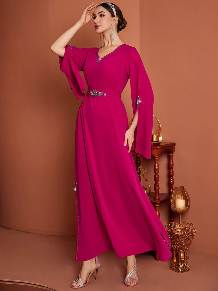 flared-sleeve gown with jeweled waist detail - ODD- AMIRZA