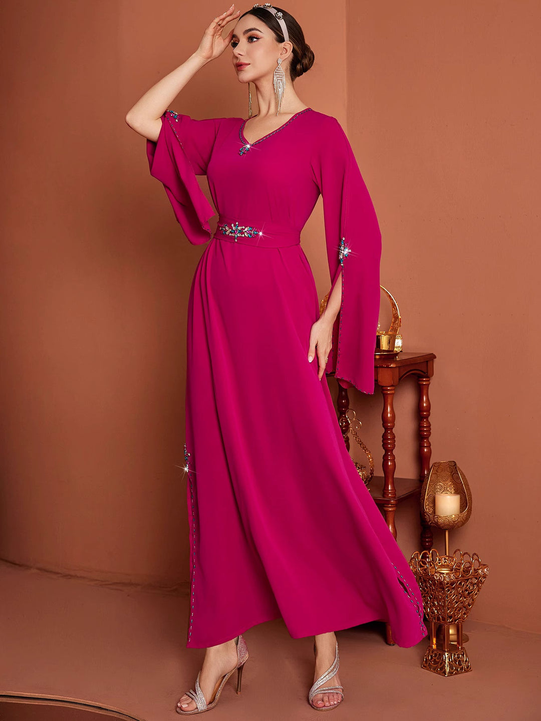 flared-sleeve gown with jeweled waist detail - AMIRZA
