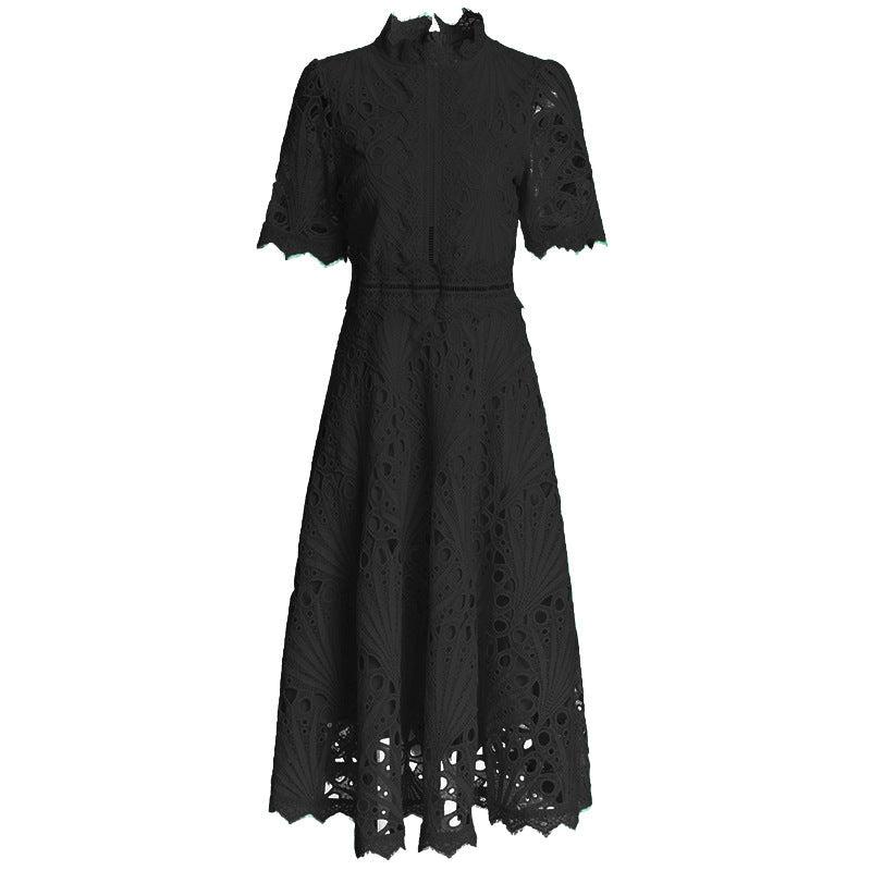 high-neck lace midi dress with short sleeves – EMERALD