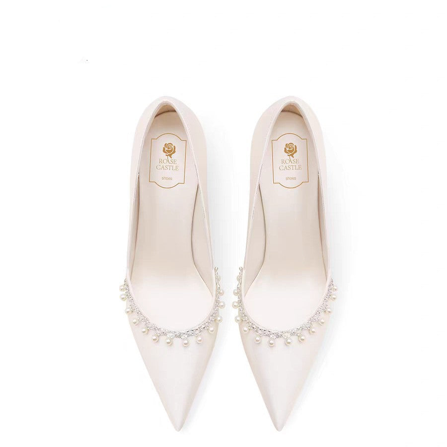 satin pointed-toe heels with pearl trim – ODD- ELARATU