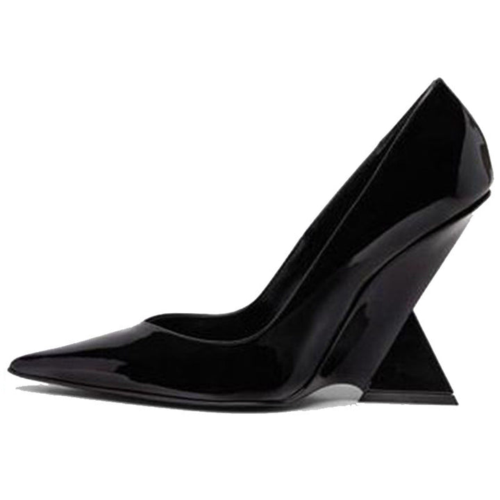 pointed-toe patent pumps with sculpted geometric heel – RUBY