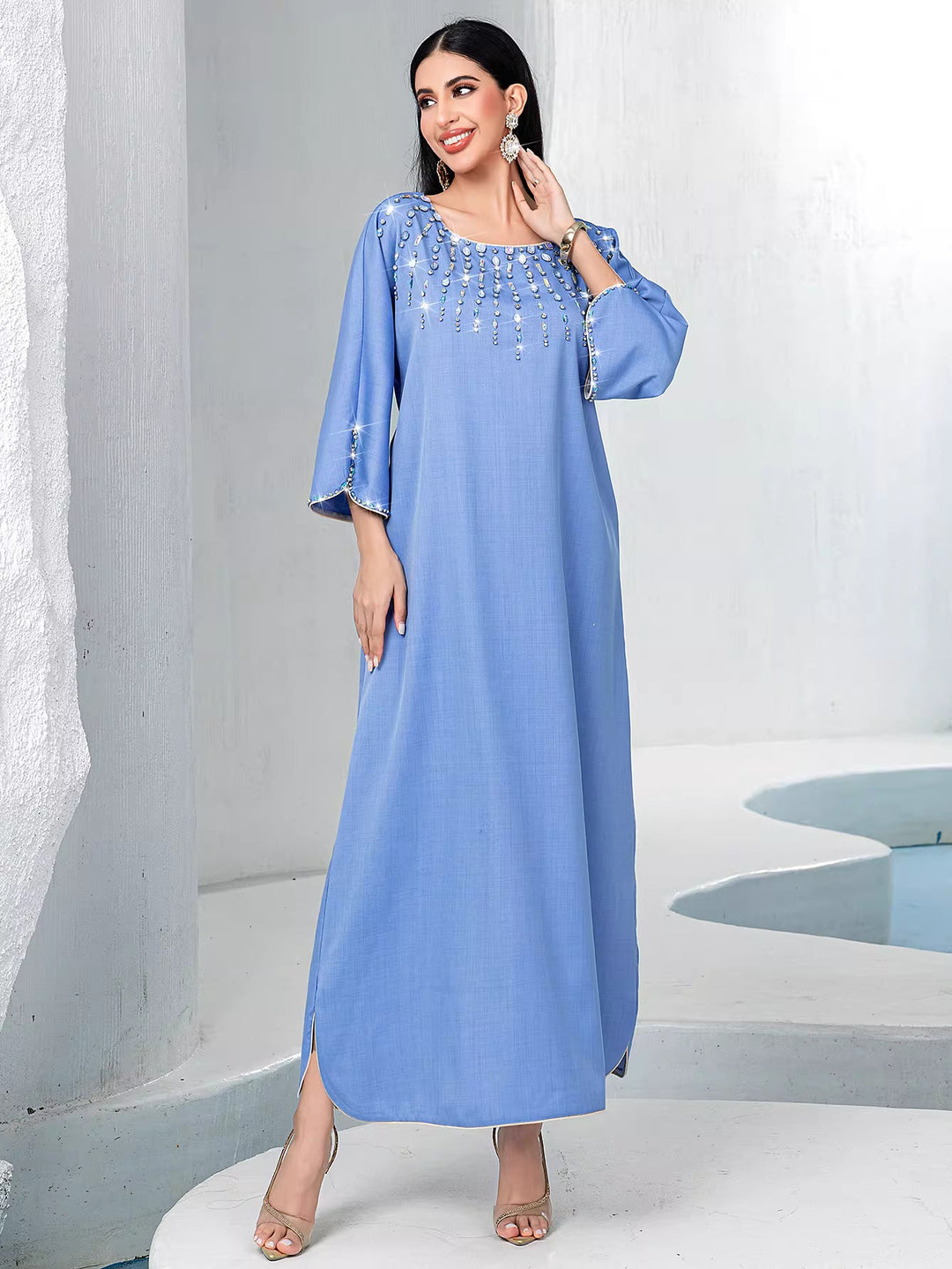 embellished straight-cut maxi dress with flared sleeves – AZURE