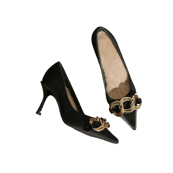 Elegant Black Pointed-Toe High Heels with Gold Chain Detail- CELESTE