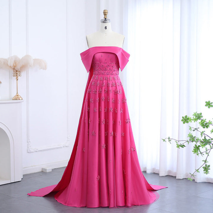 off-shoulder embroidered chiffon gown with cape train – OLIVIA