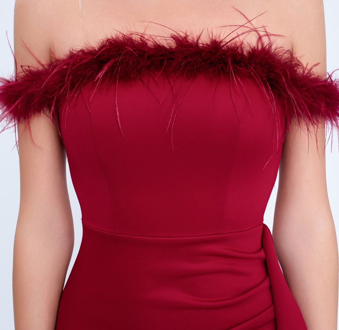 off-shoulder gown with feather trim and cascading ruffle – NOIRILU