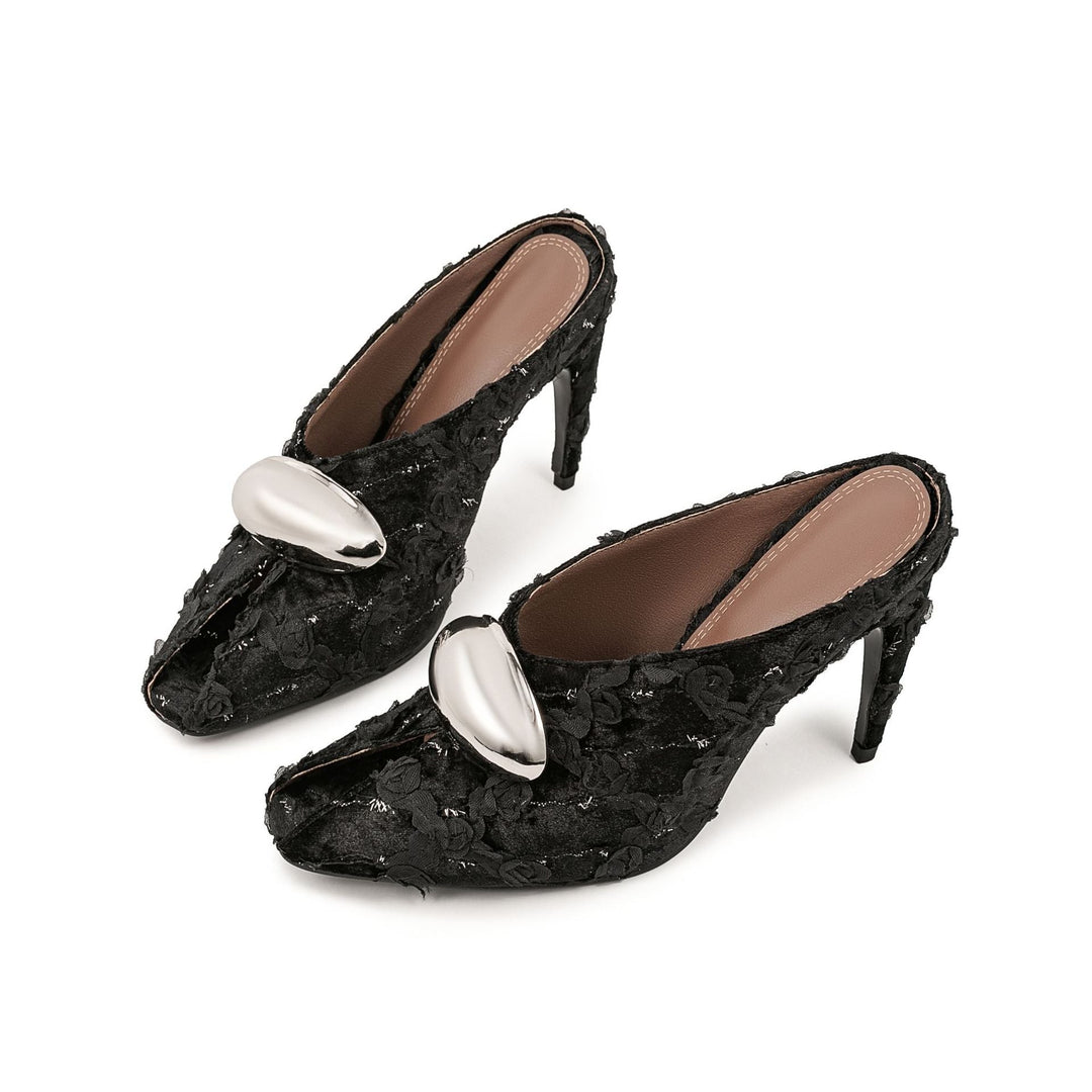 floral lace pointed mule heels with gold accent – VERDIA