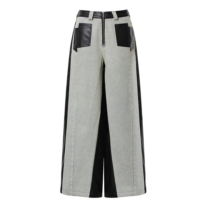 two-tone wide-leg denim pants with faux leather panels – NOIR