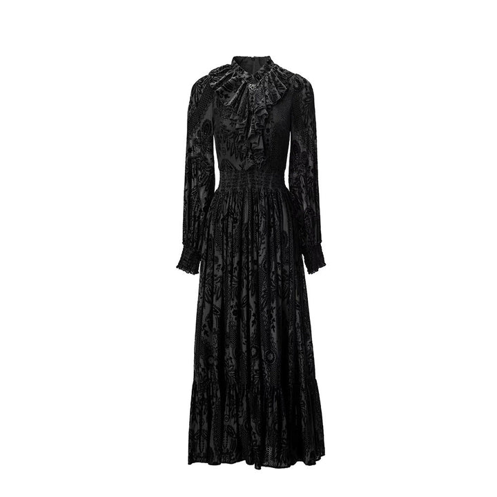 Ruffled High-Neck Printed Maxi Dress with Smocked Waist – AMBERLY