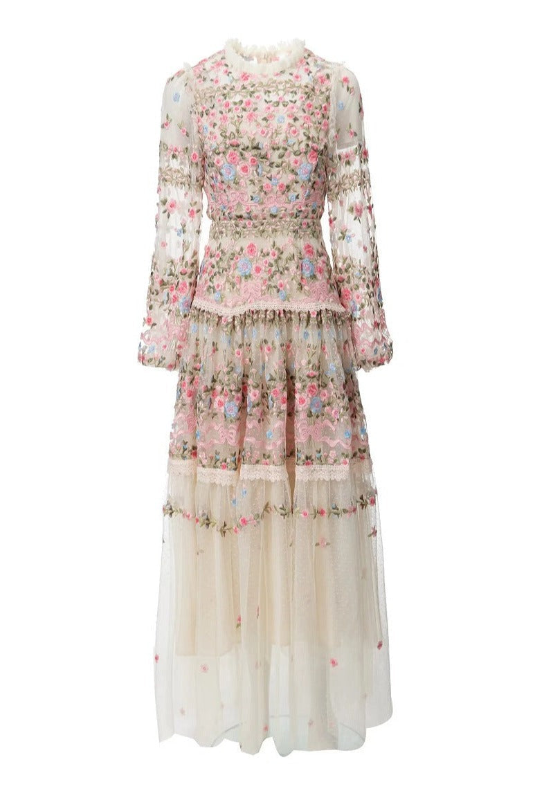 sheer embroidered tulle gown with floral motifs – Fikwesd