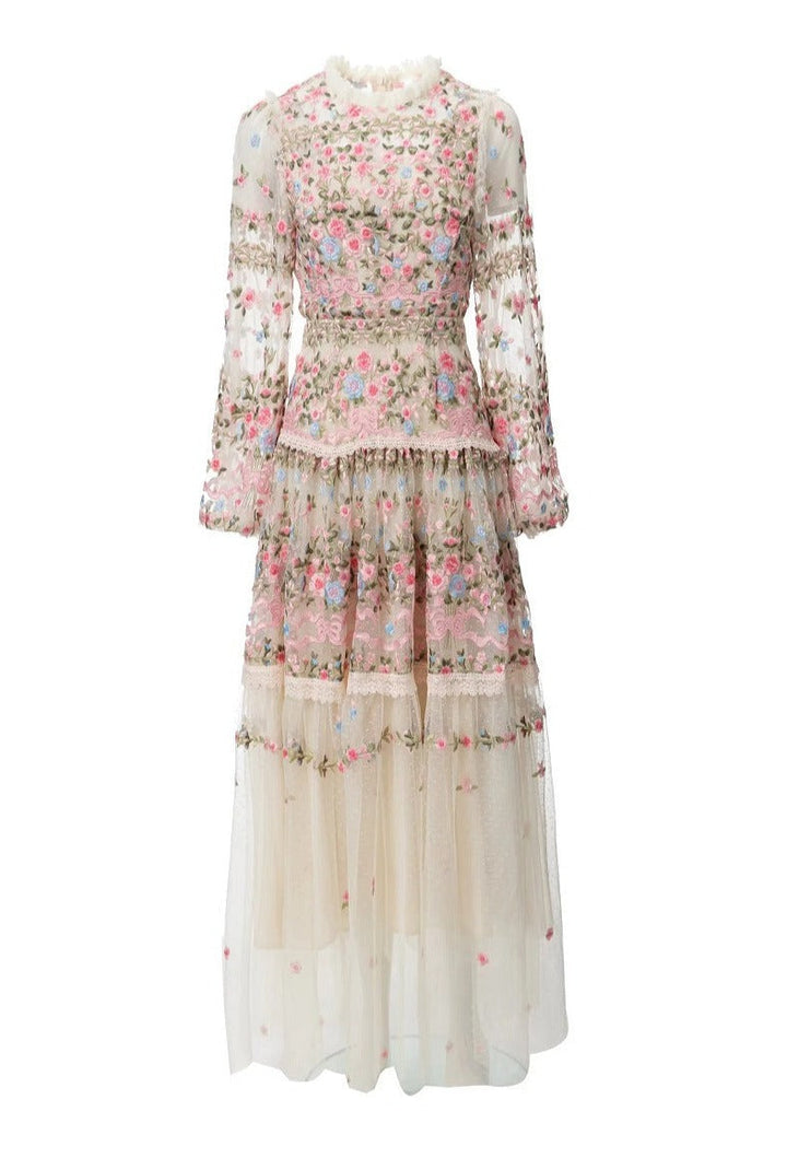 sheer embroidered tulle gown with floral motifs – Fikwesd