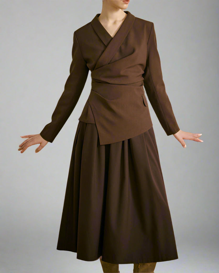 Asymmetrical Draped Blazer Top with V-Neckline - Vancu