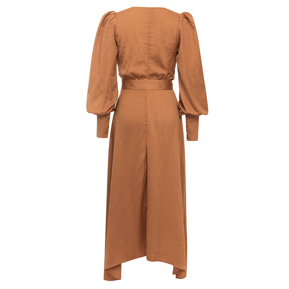 Wrap-style long-sleeve midi dress with waist belt – AURELIA