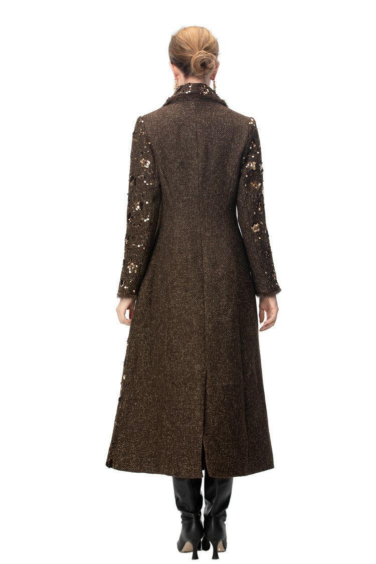 double breasted tweed long coat with metallic detailing – BRONZIA