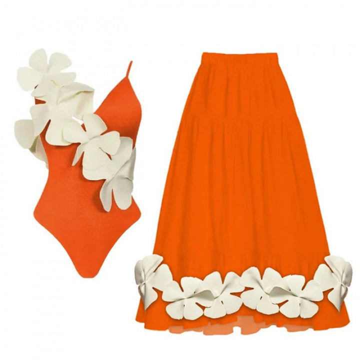 floral appliqué one-shoulder swimsuit with midi skirt set – ORANGE