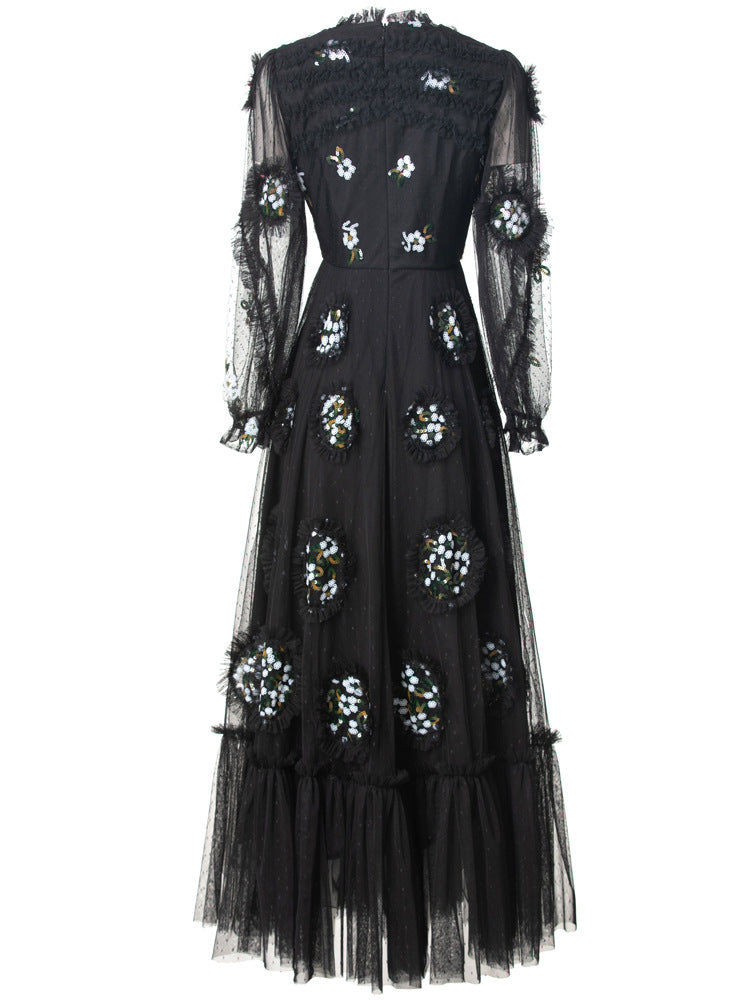 embellished tulle gown with sheer sleeves and crystal appliqués – MIDNIGHT